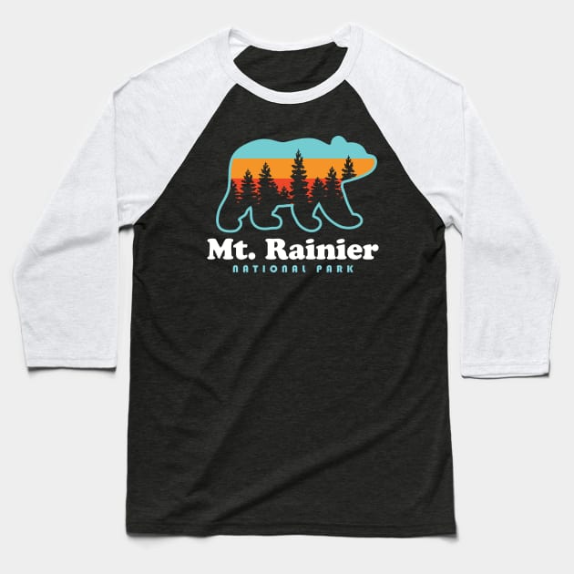 Mt Rainier National Park Hikes Retro Bear Baseball T-Shirt by PodDesignShop